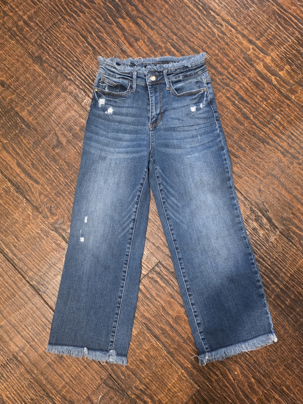 Judy Blue Dark Blue High-Rise Wide-Leg Crop Jeans with Frayed Waist & Hem 3/26